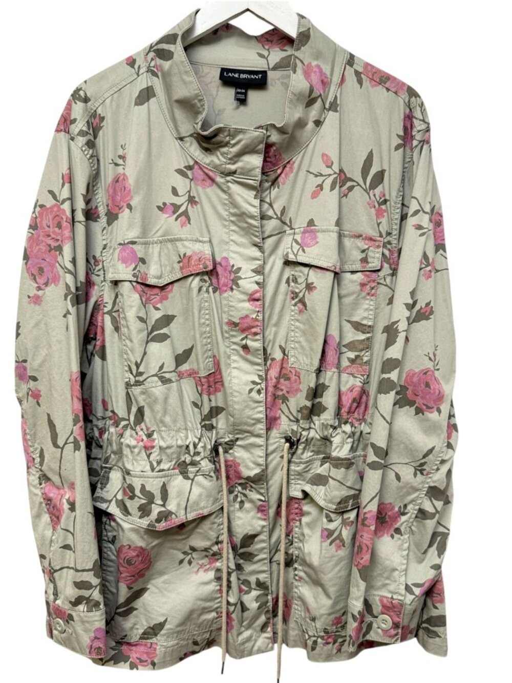LANE BRYANT Utility Jacket Plus Size 22/24 Beige Pink Roses Drawstring Waist